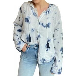 Rachel Zoe 100% linen blue white tie dye hoodie shacket S coastalgrandma Resort